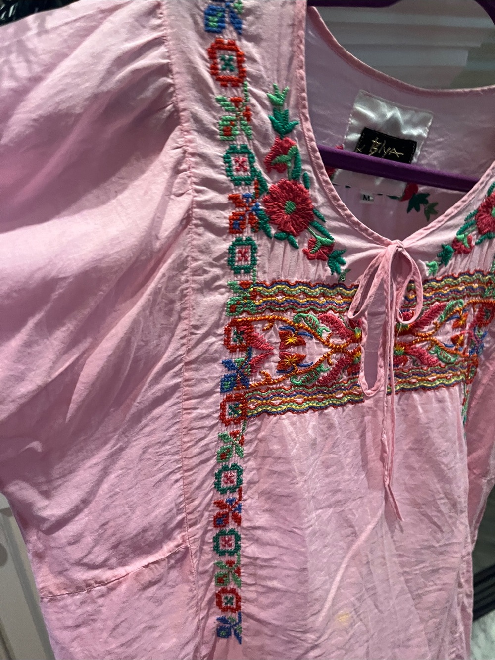 Johnny Was Pink Embroidered Boho Tie-Neck Blouse - Picture 3 of 7